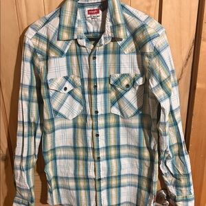 Wrangler Women's Blue and Yellow Plaid Button Down Shirt